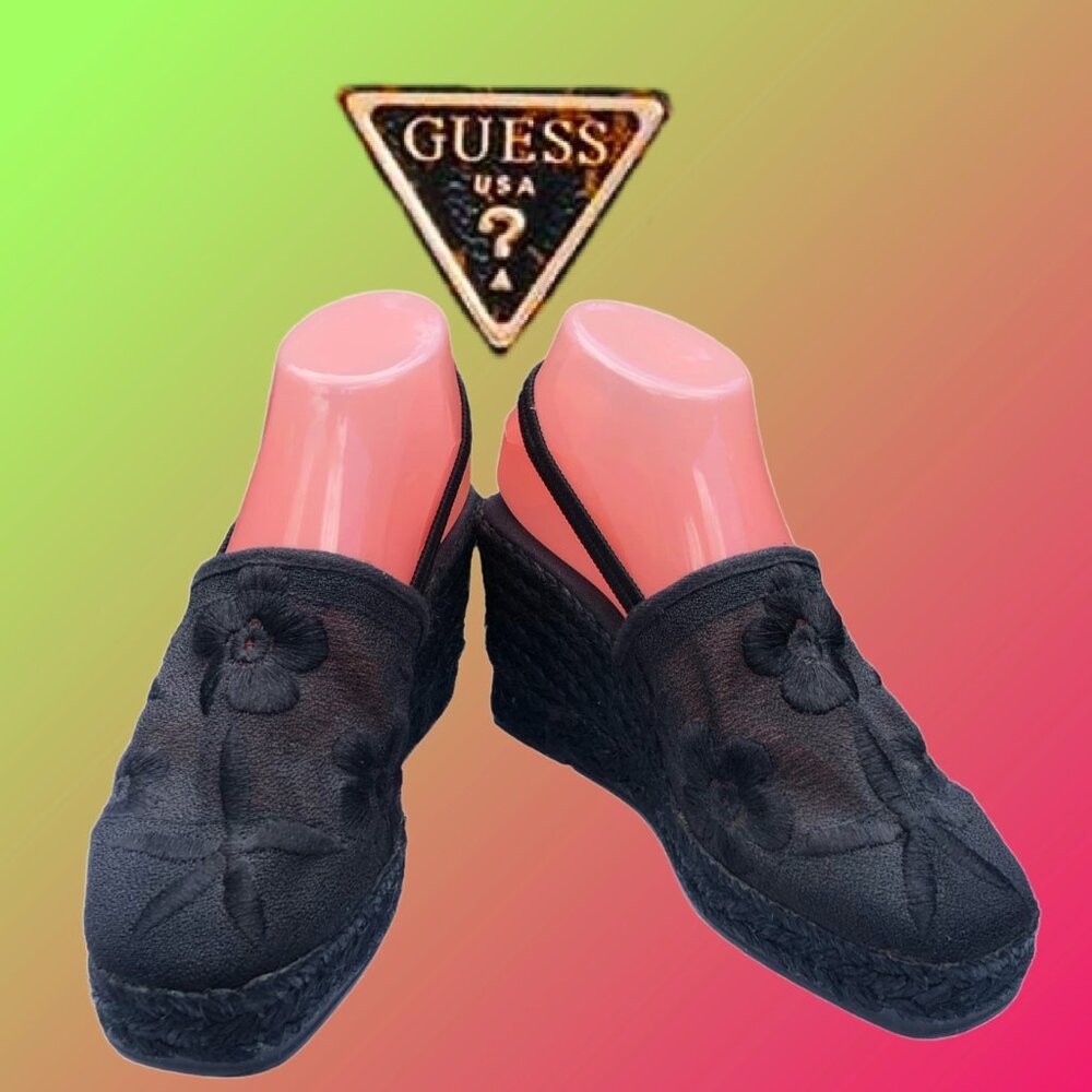 GUESS Black Embroidered Mesh Open Heel Stretchy Slingback Espadrilles Sz 7 NEW